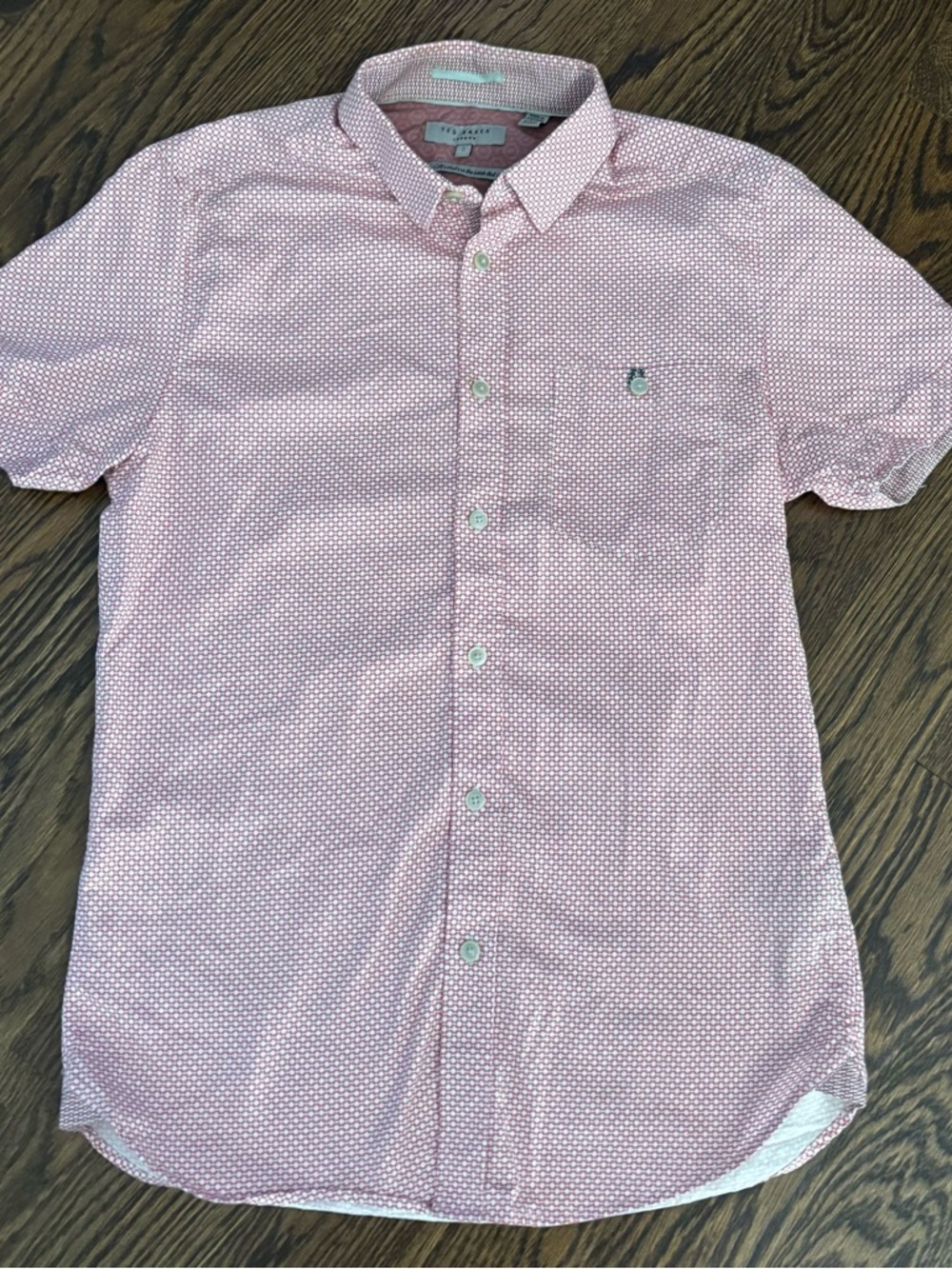 Ted Baker Men's Pink White Geometric Short Sleeve Button-Up Shirt Size 2